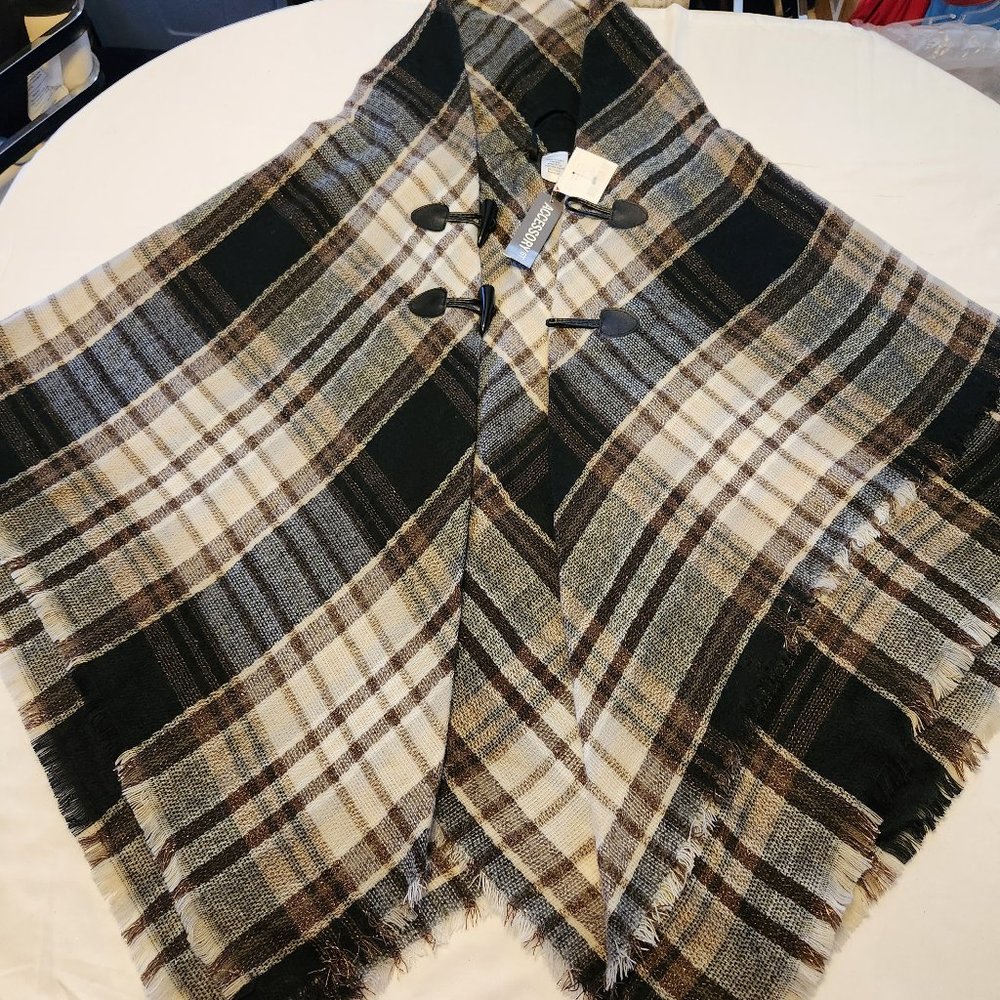 CAPE PLAID SHAWL PONCHO WITH TOGGLES ONE SIZE